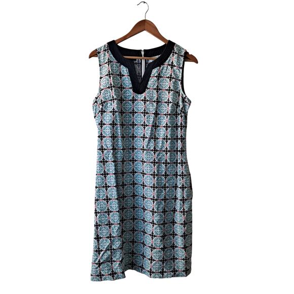 Talbots Linen Blend Sleeveless Shift Dress Geometric Teal Blue Womens Size 8 - Picture 1 of 10